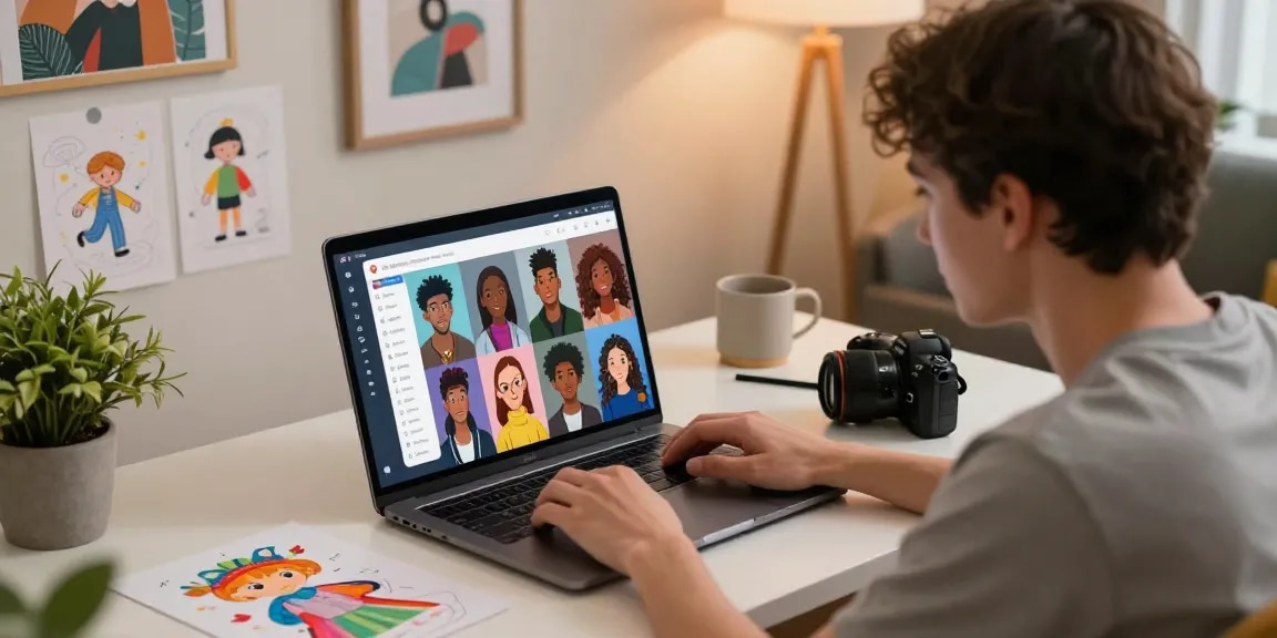 User engaging with character ai nsfw interface on a laptop, surrounded by artistic sketches and modern decor.