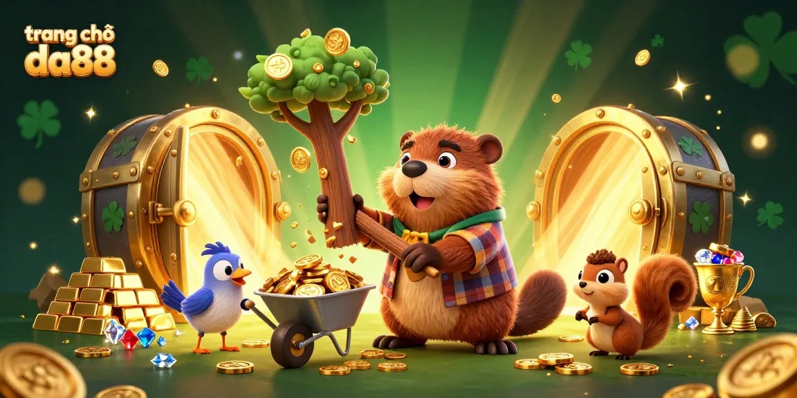 Join the fun at trang chủ da88 with a whimsical illustration of a beaver and friends amidst golden treasures.