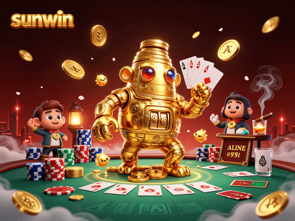 Win with sunwin at an exciting poker table surrounded by vibrant casino elements.