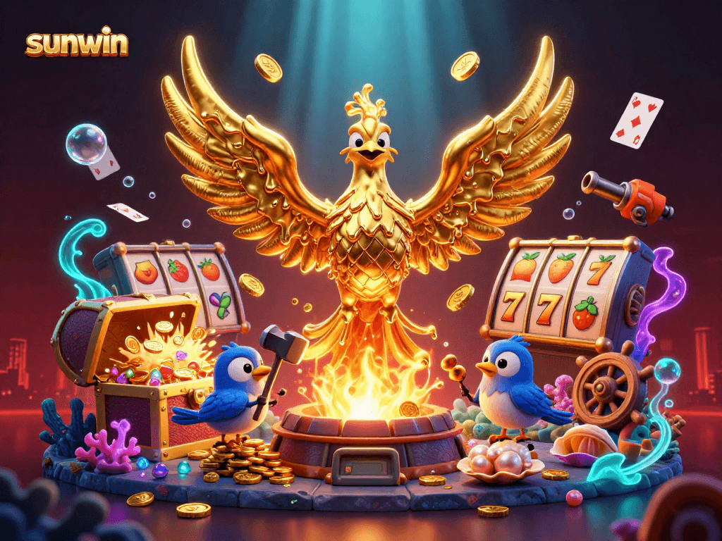 Play slots with sunwin's golden phoenix amidst a vibrant casino treasure scene