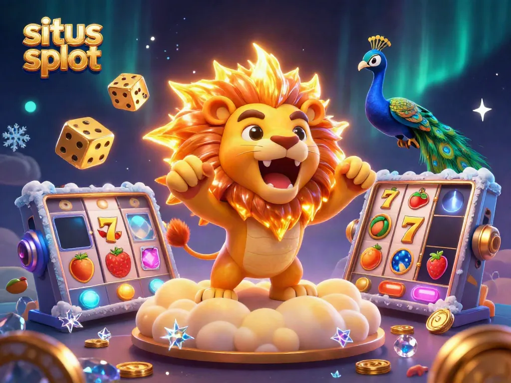 Experience the excitement of situs slot with a majestic lion and golden dice in a vibrant casino scene.