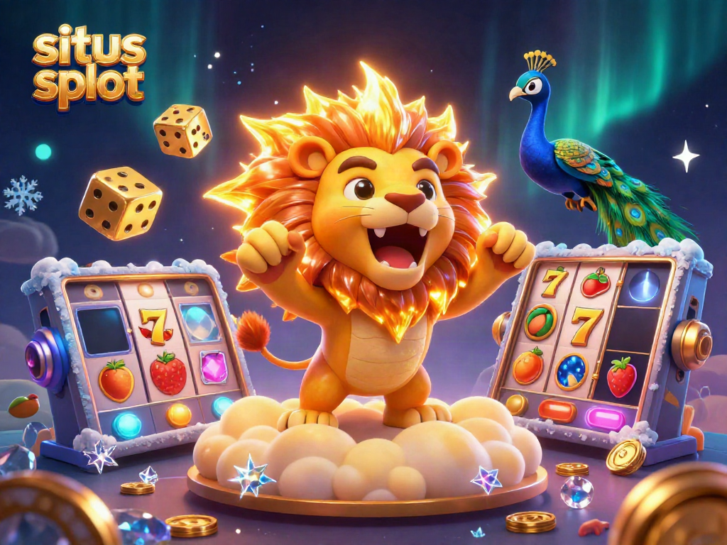 Experience the excitement of situs slot with a majestic lion and golden dice in a vibrant casino scene.