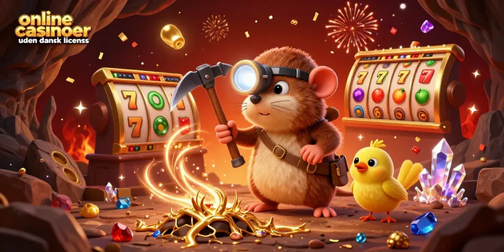 Play at online casinoer uden dansk licens amidst fireworks and slot reels in a vibrant 3D illustration.