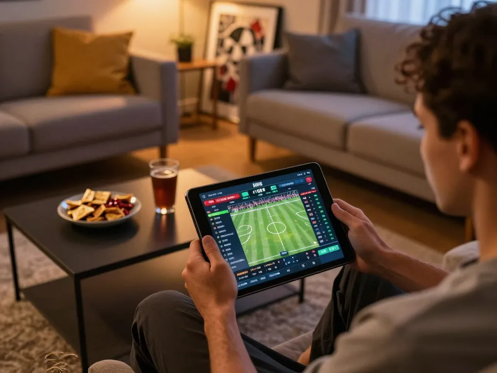 Placing live sports bets at home with ai88bet on a tablet, showcasing warm ambiance and strategic engagement.