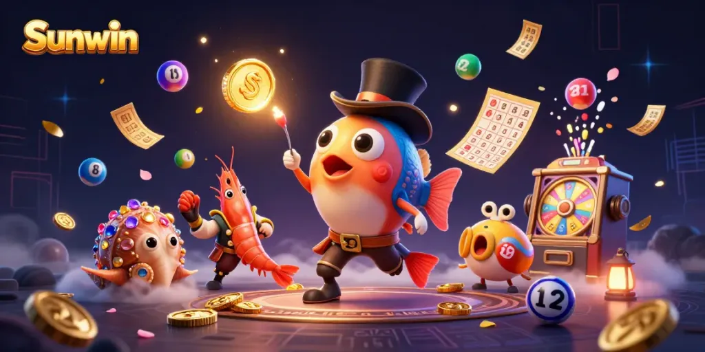 Experience Sunwin’s thrilling treasures with dynamic gameplay and vibrant visuals in this 3D illustration.