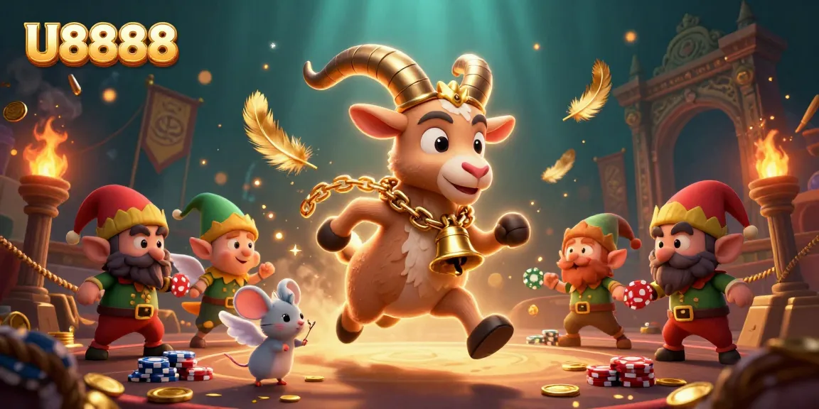 Engage with U8888 as the chaotic Krampus runs a festive casino, with playful characters in a vibrant gaming scene.