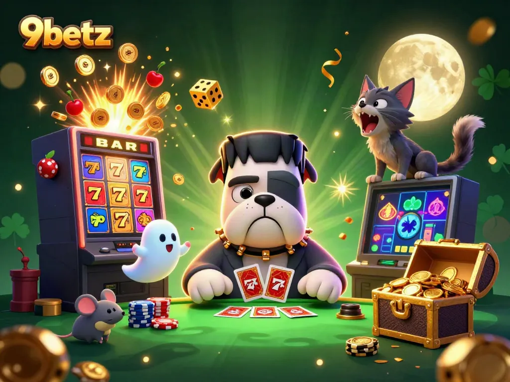 Experience thrilling action at 9betz with a cartoon Frankenstein bulldog dealing cards surrounded by dynamic casino elements.