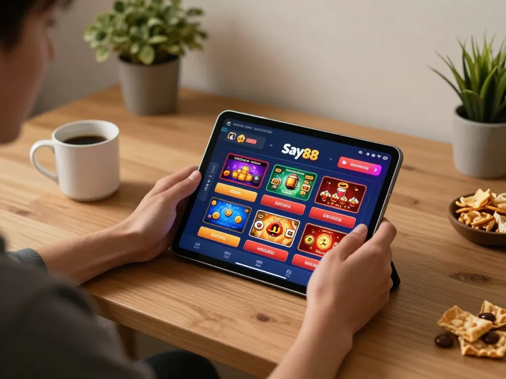 Engaging online gaming experience at Say88, showcasing a lively app interface and cozy home setup.
