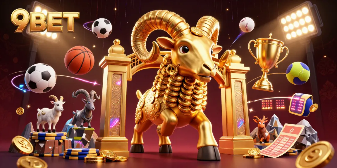 Experience thrilling action with 9BET as a golden ram charges at a luxurious casino gate surrounded by sports elements.