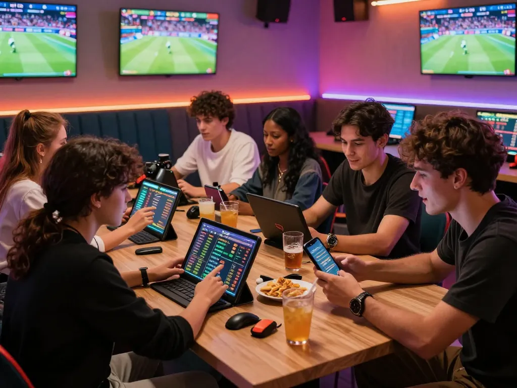 Topbet uy tín interactive betting scene with diverse young adults engaged in online gaming.