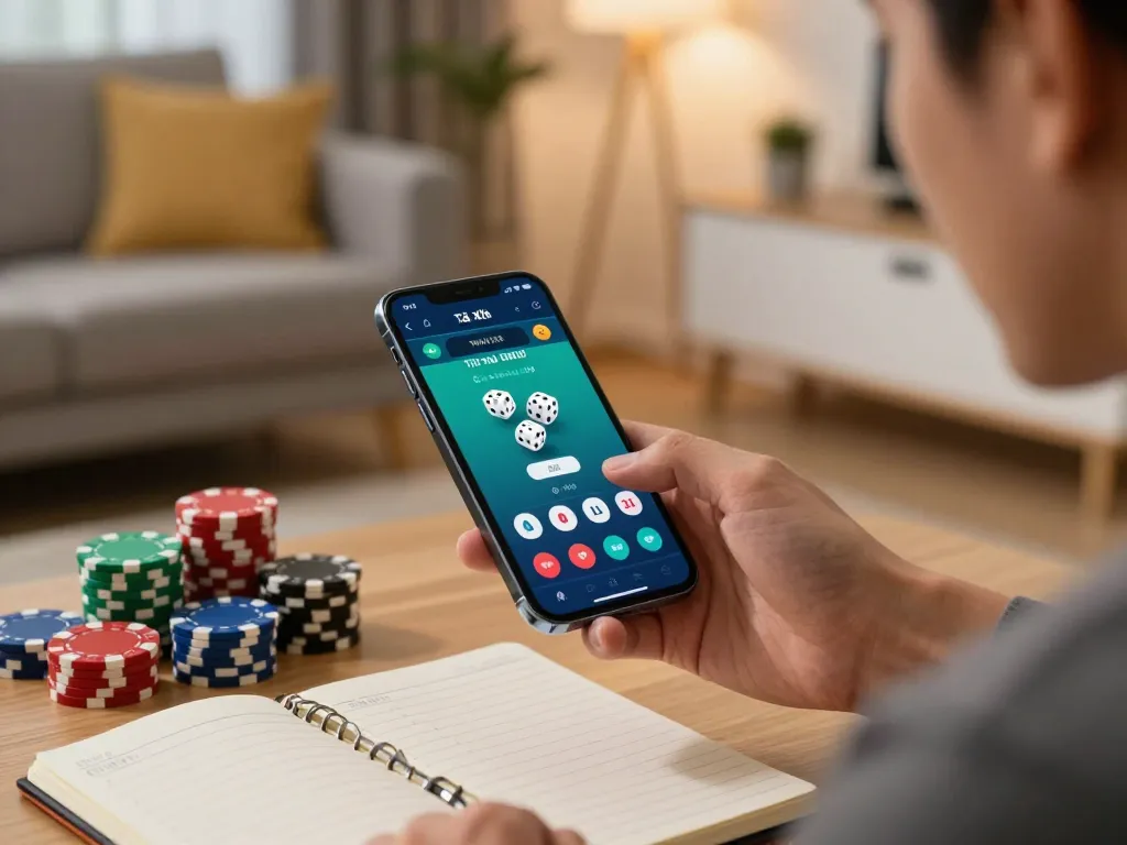 Engaging with the app tài xỉu online while preparing to place bets in a cozy home setting.