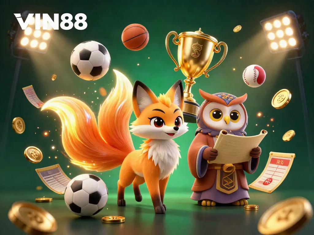 Experience the thrill of VIN88 with a lively 3D illustration showcasing a colorful fox spirit and sports elements.