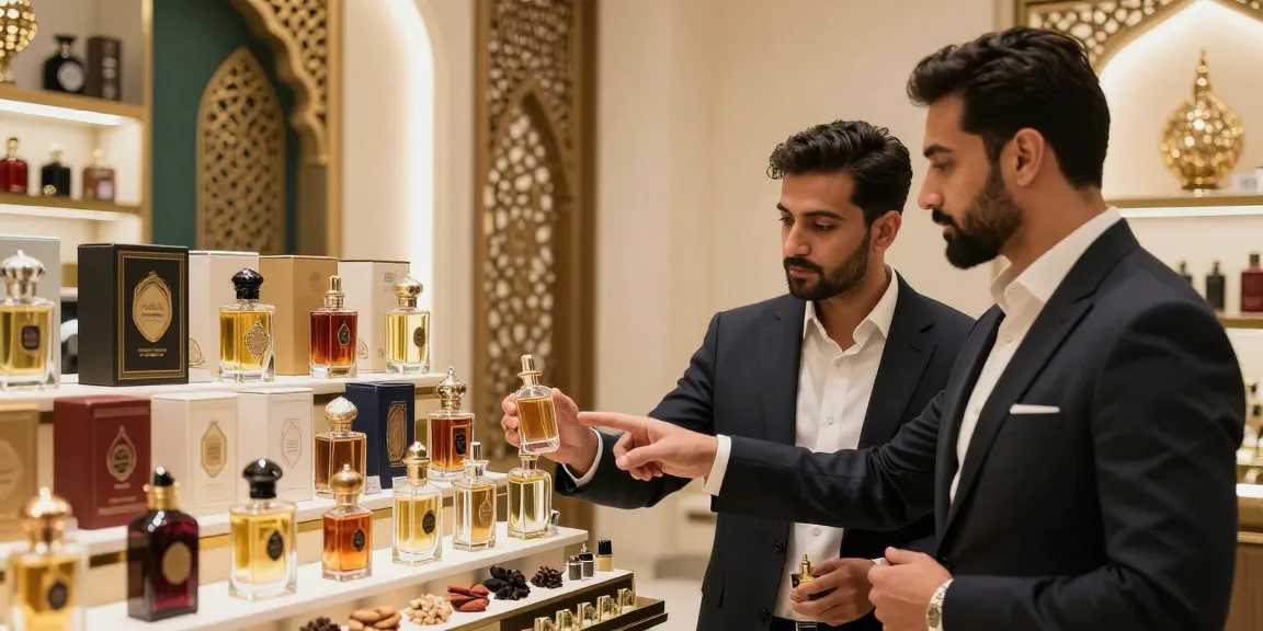 Verken de wereld van arabisch parfum heren met luxe flessen in een elegante winkelsetting.