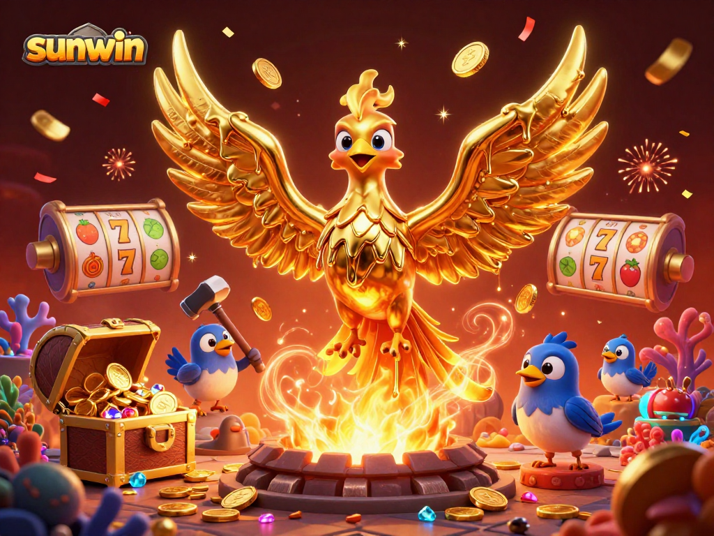 Experience fantastic wins with Sunwin in this vibrant casino-themed illustration featuring a golden phoenix.
