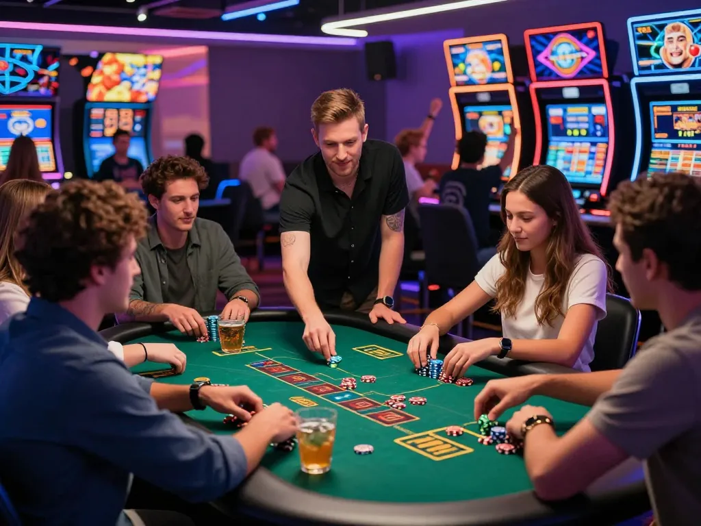 Exciting casino gaming atmosphere featuring MM88 with friends and colorful lights.