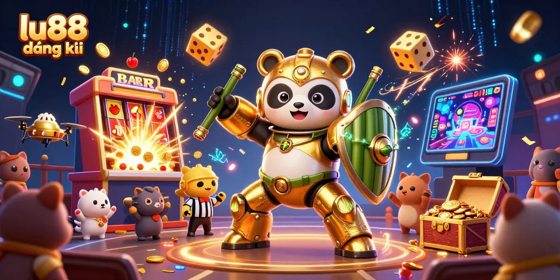 Experience thrilling gaming with lu88 đăng ký as the panda pilots a vibrant robot amidst a jackpot explosion.
