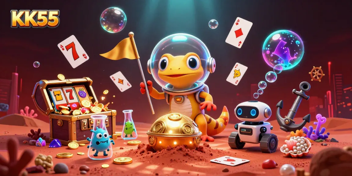 KK55 players enjoying a dynamic 3D casino adventure with vibrant slot elements.