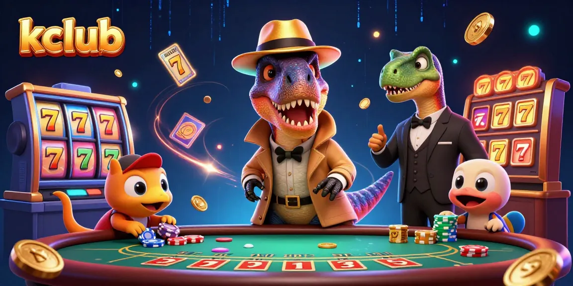 Kclub presents a fun scene with a velociraptor card counter at the blackjack table, surrounded by slot game elements.