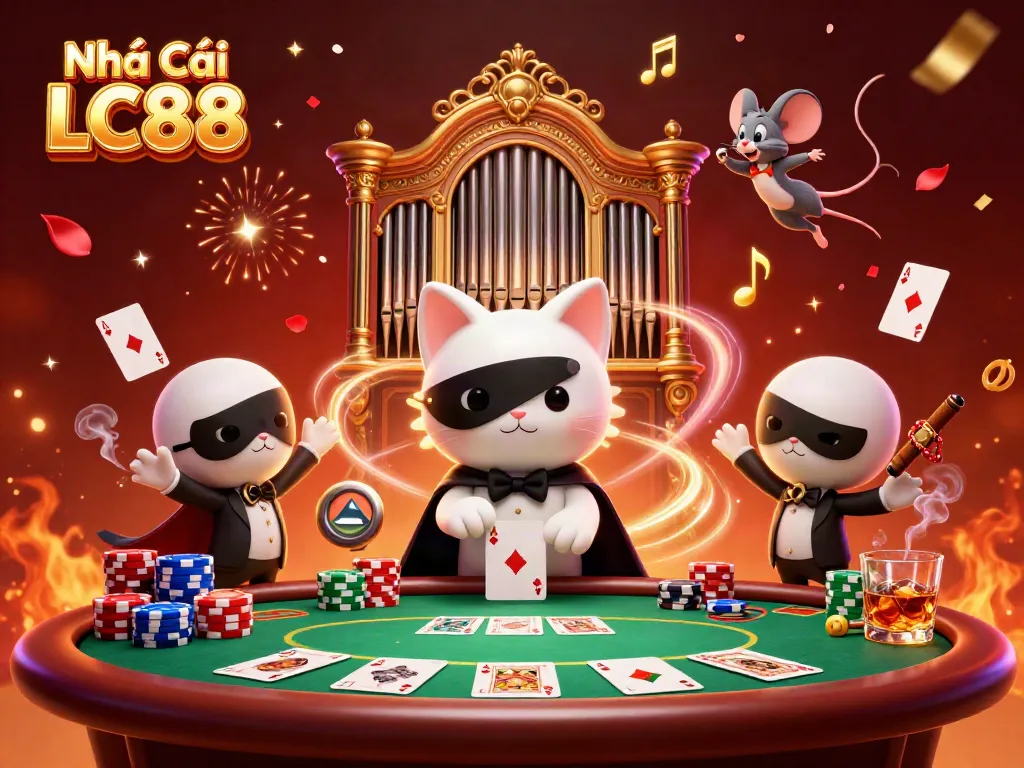 Engage with the vibrant world of Nhà Cái LC88 featuring a phantom cat at a lavish casino table.
