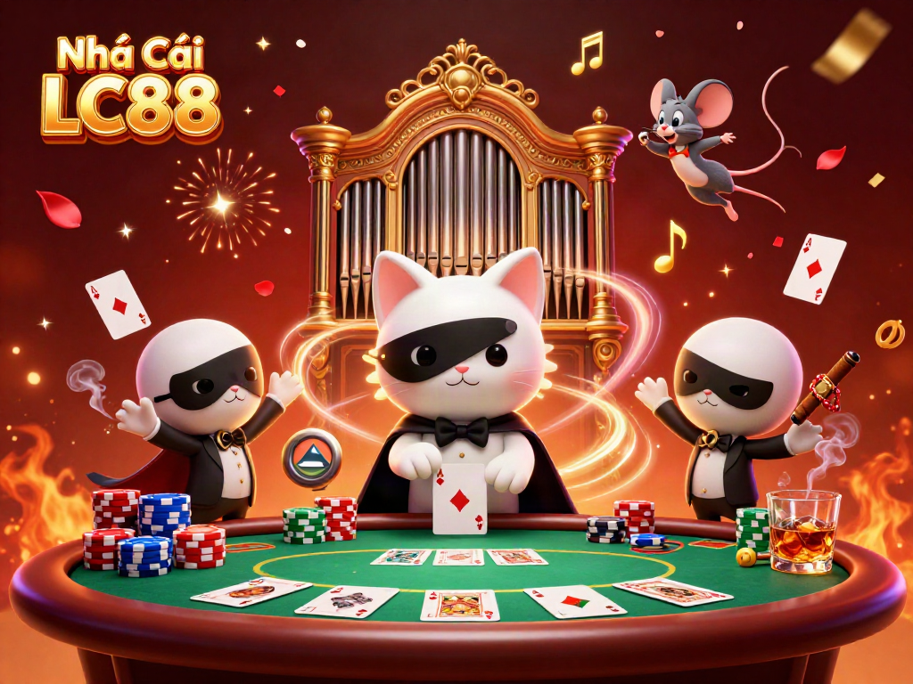 Engage with the vibrant world of Nhà Cái LC88 featuring a phantom cat at a lavish casino table.