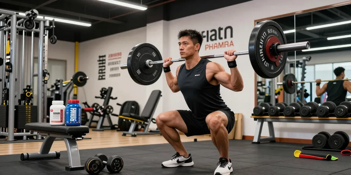 Prime Pharma Steroiden showcased in a fitness gym setting with a man squatting and workout equipment.