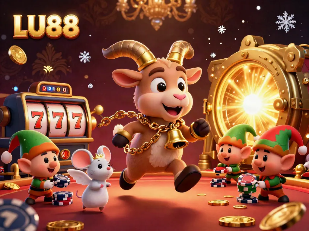 LU88 casino scene with a cartoon Krampus goat, angel mouse, and gremlin elves amidst slot reels and gold treasures.