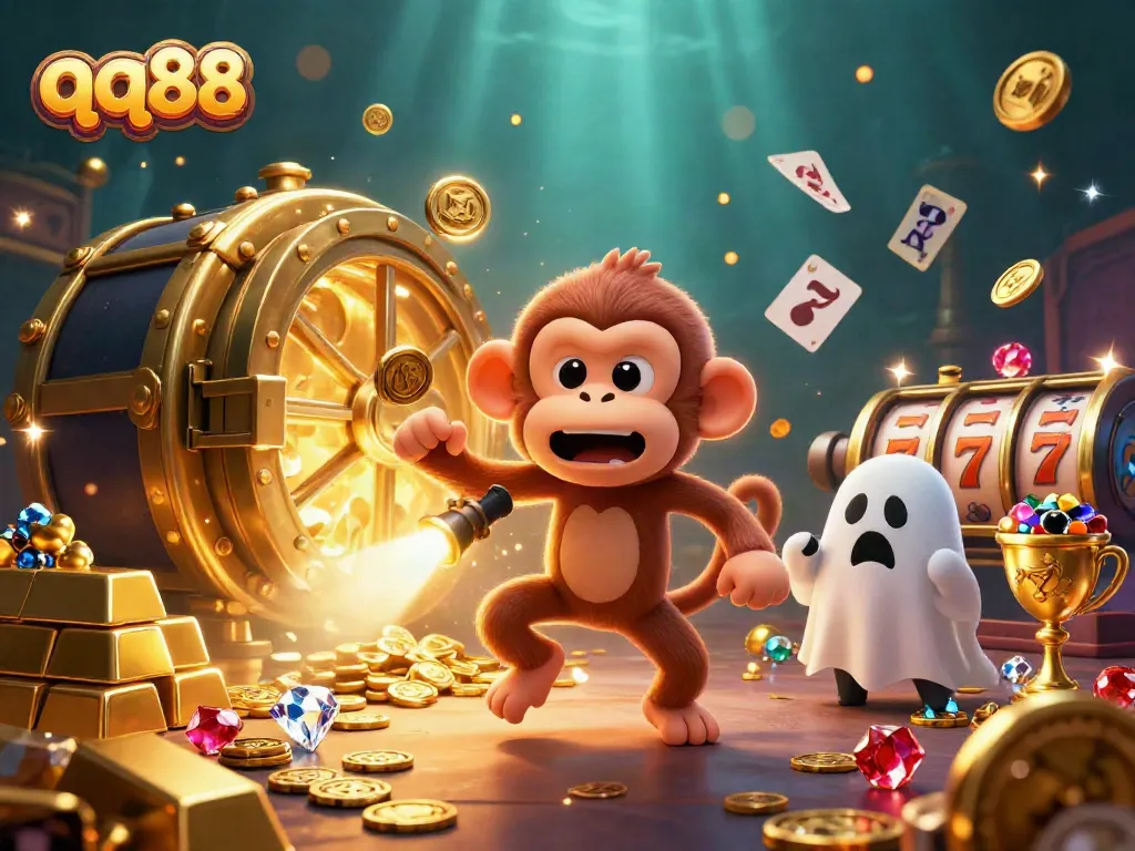 Experience the thrilling world of qq88 with a mischievous monkey juggling casino treasures in a haunted setting.