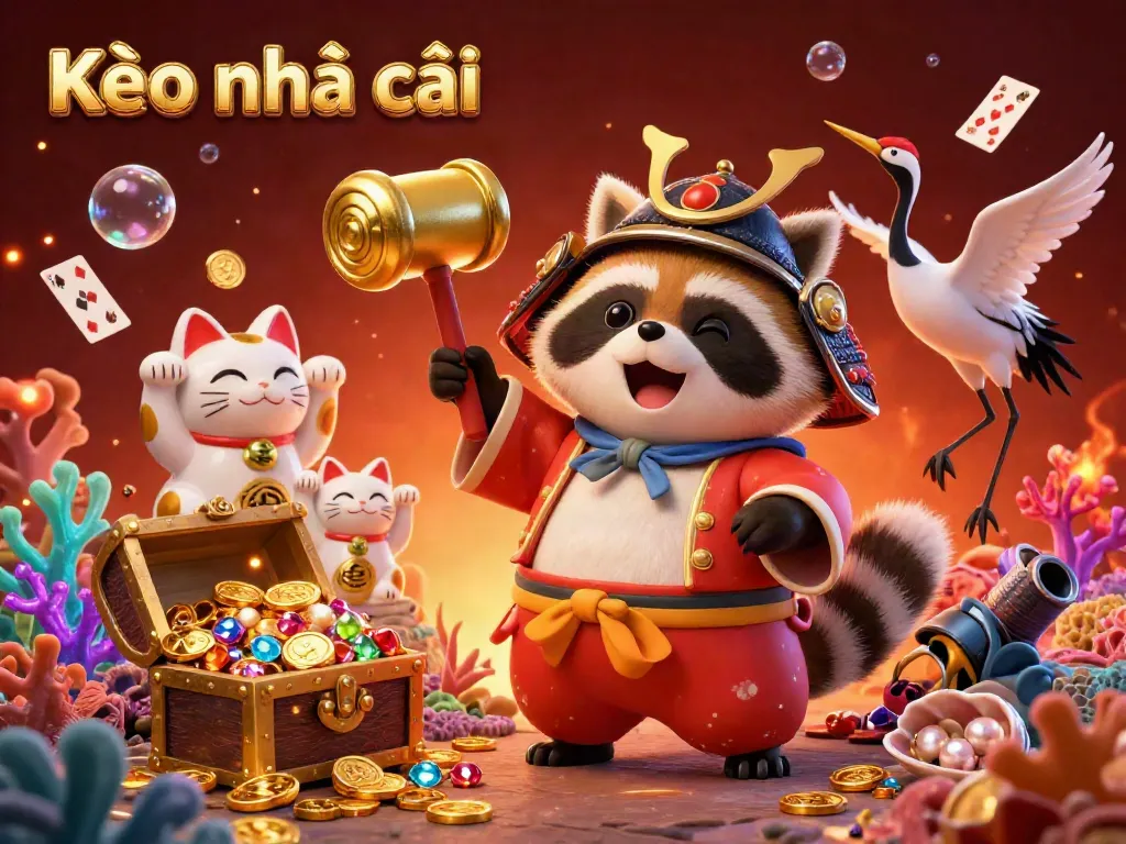 Kèo nhà cái illustrates a vibrant scene with a cheerful tanuki, samurai crane, and waving fortune cats surrounded by treasures and playing cards.