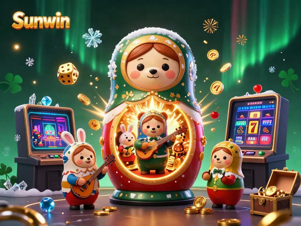 Experience high-stakes fun with Sunwin, featuring vibrant characters, slot machines, and festive themes.