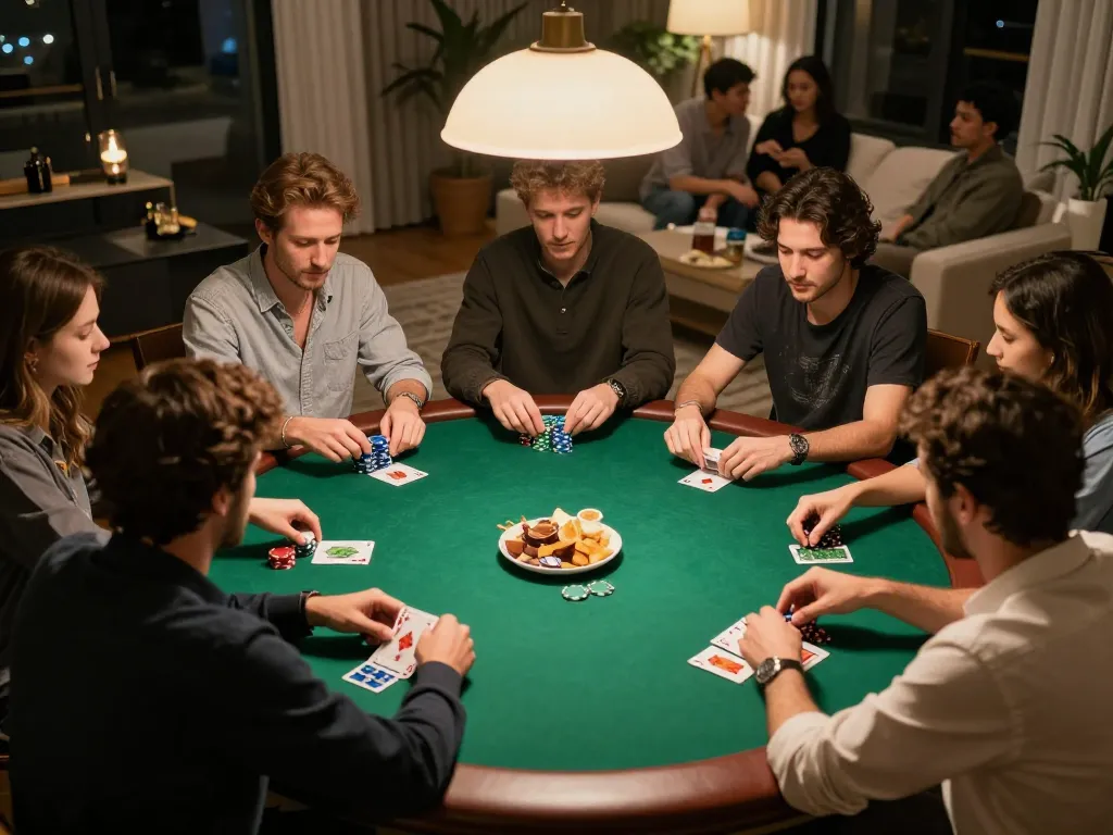 Players enjoying poker night at home, emphasizing Vin88's social gaming experience with chips and cards.