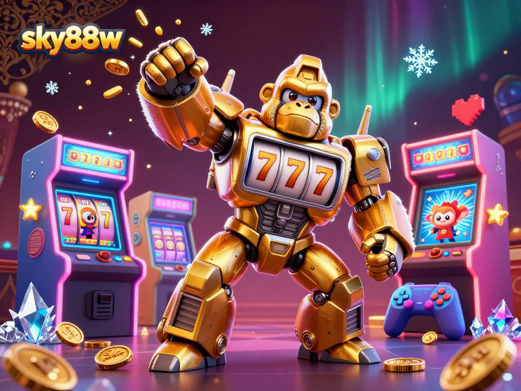 Experience engaging gameplay at sky88w with a dynamic golden gorilla mech amidst vibrant casino-themed elements.