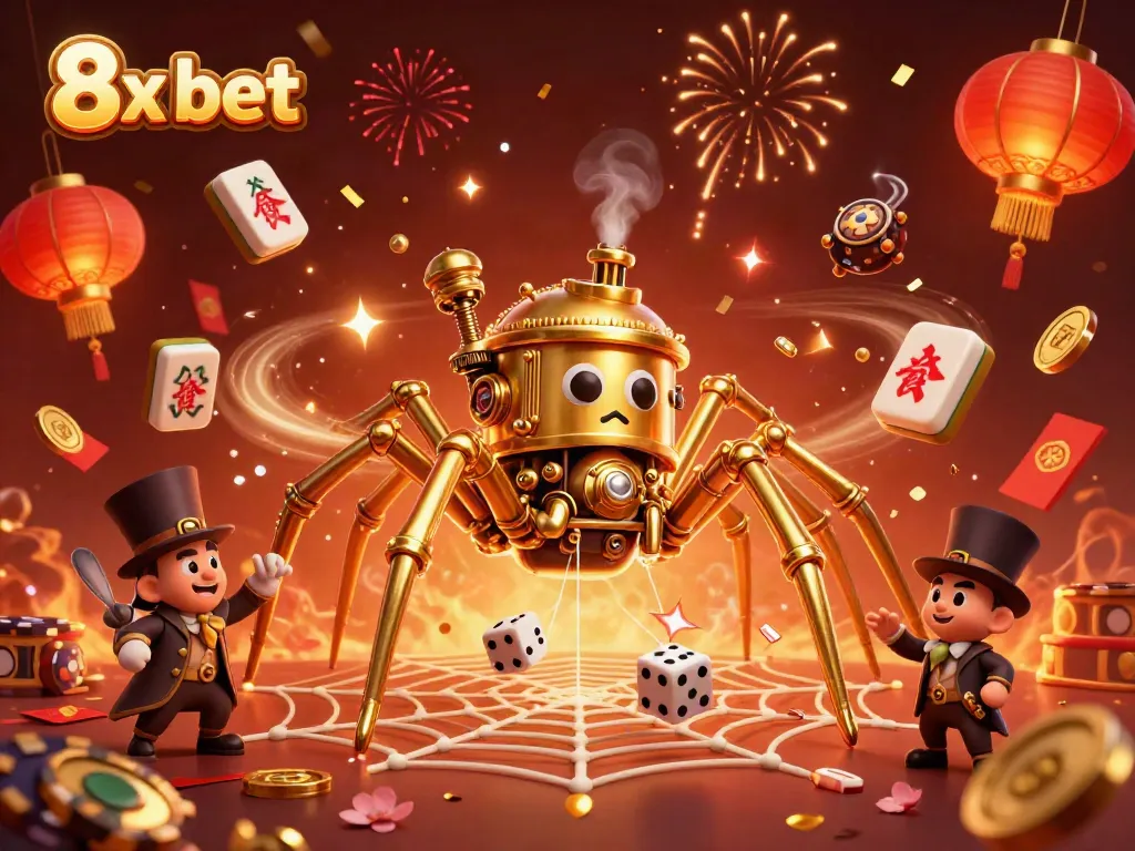 Engage with 8x bet in a vibrant 3D illustration featuring a steampunk spider and poker chips.