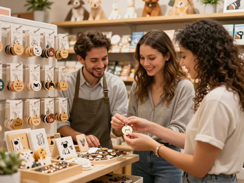 Keuze van gepersonaliseerde hondenpenningen in een huiselijke dierenwinkel.