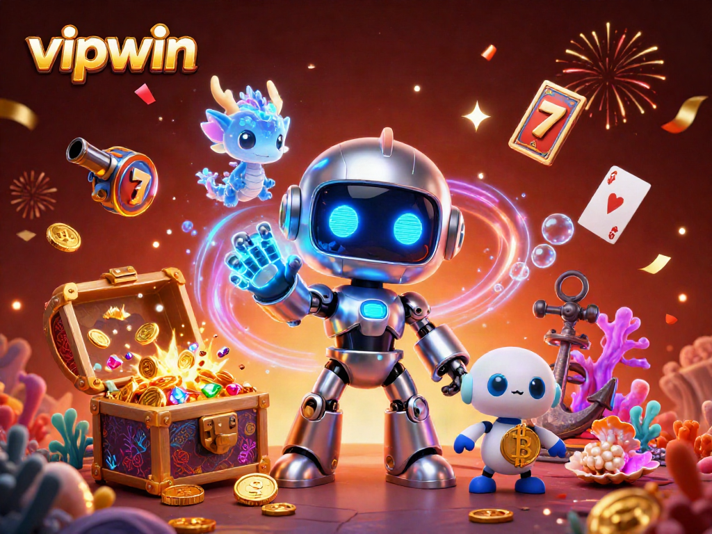 Engage with vipwin's thrilling slots in a vibrant 3D cyberpunk casino scene.