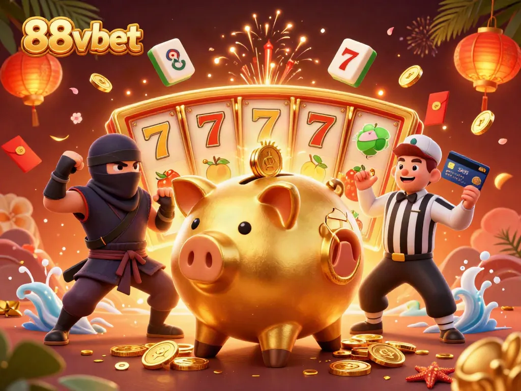 Engage in gameplay excitement with 88vbet featuring a golden piggy bank wrestler, vibrant casino elements.