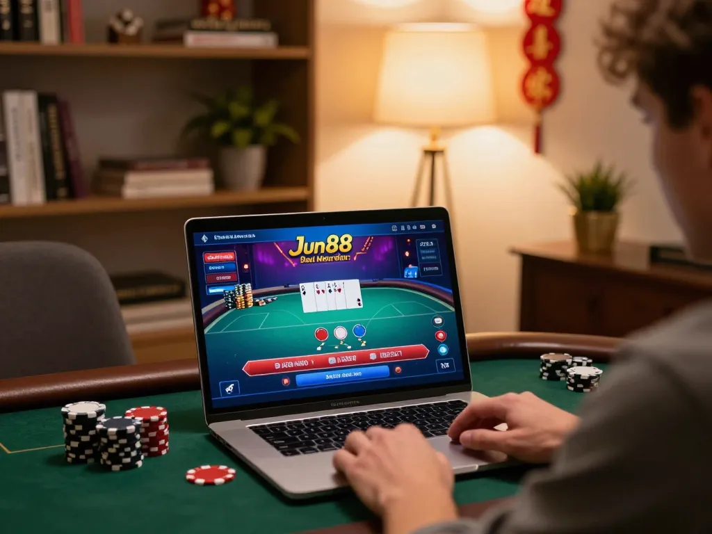 Engaging online gaming experience with Nhà cái Jun88 showcased on a laptop, depicting an interactive poker game.
