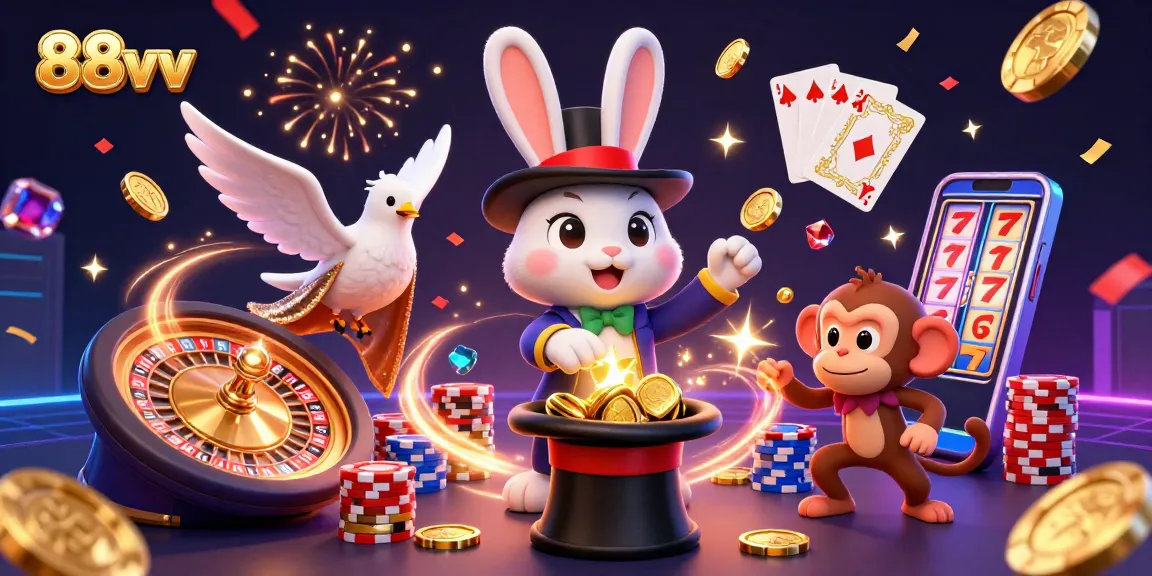 Engage with thrilling 88vv casino magic as the rabbit conjures coins in a vibrant 3D scene.