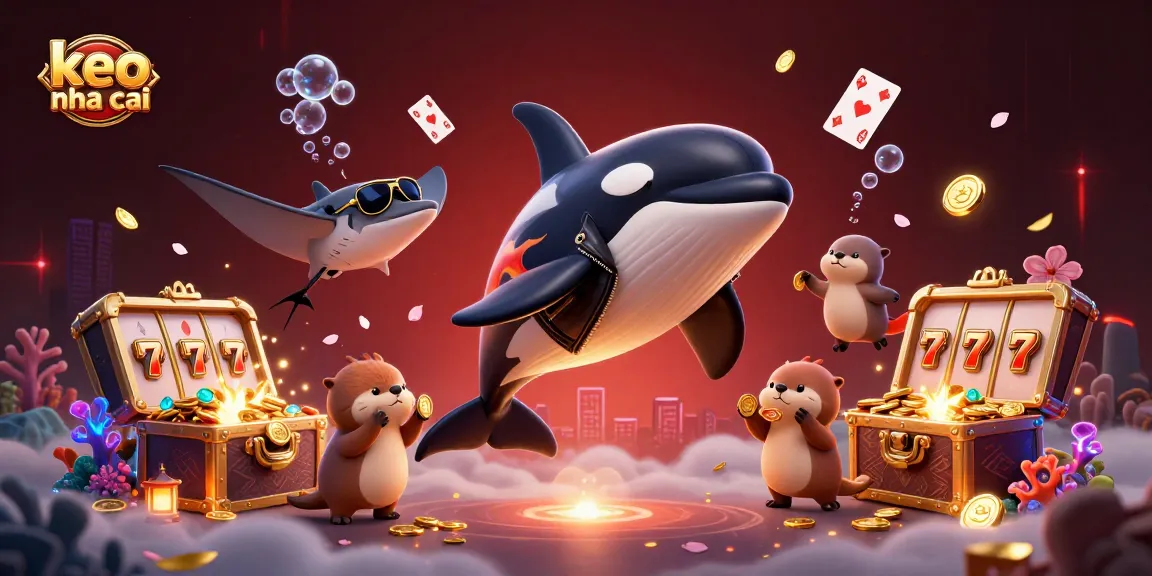 Engage with keo nha cai while diving into a vibrant underwater casino scene featuring a playful orca, golden coins, and slot elements.