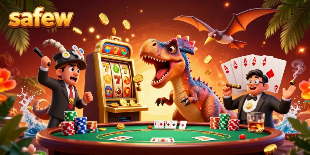 Experience the jackpot thrill with safew as a cartoon dinosaur interacts with vibrant slot machines.