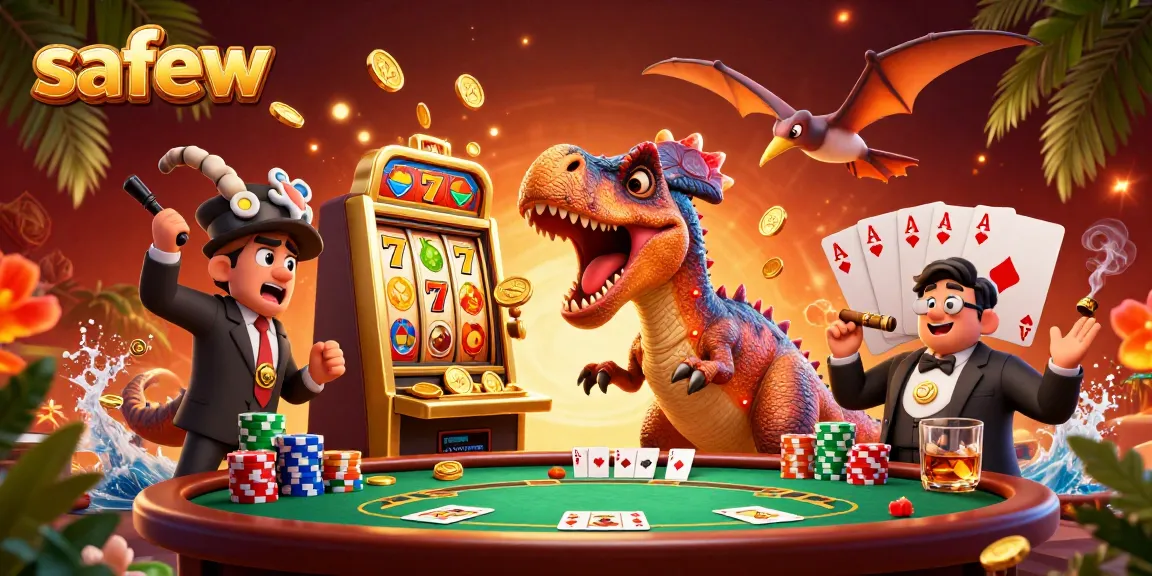 Experience the jackpot thrill with safew as a cartoon dinosaur interacts with vibrant slot machines.