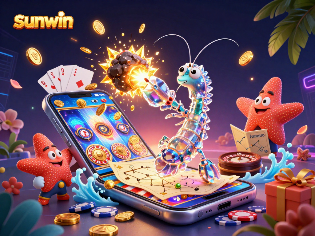 Experience sunwin slots with a galactic samurai mantis shrimp battling asteroids full of gems and captivating game elements.