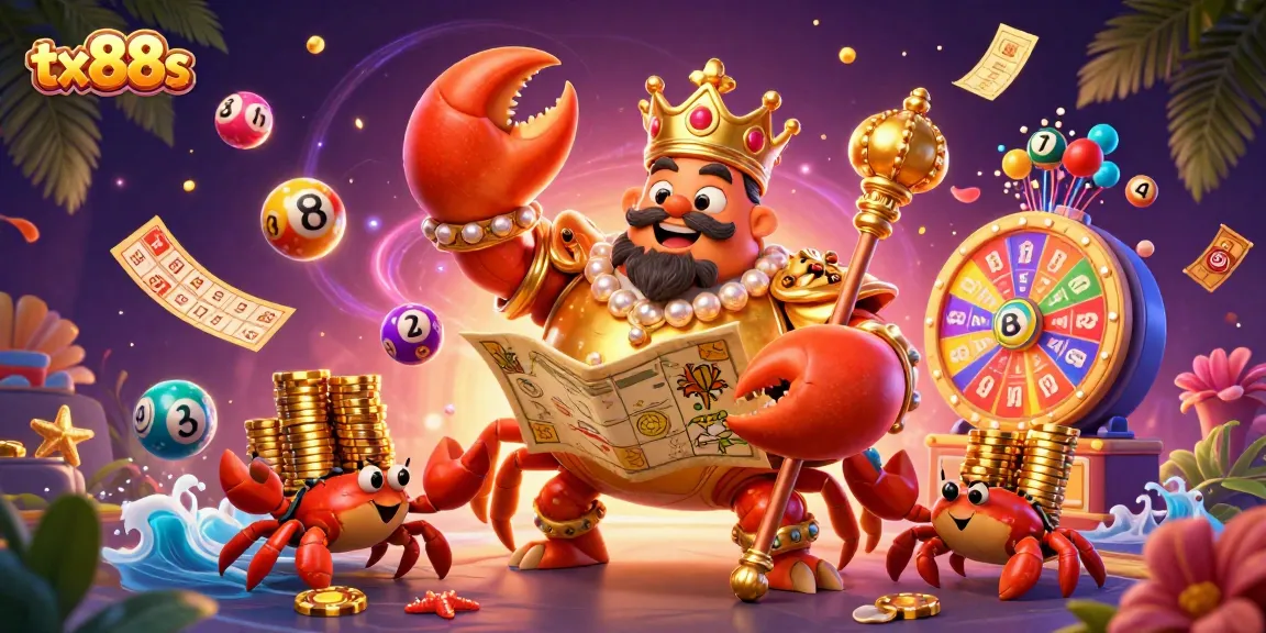 Win big with tx88s in a vibrant 3D casino scene featuring a golden crab emperor.