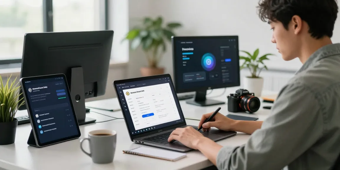 Engaged user managing internet-money wallet in a bright tech workspace.