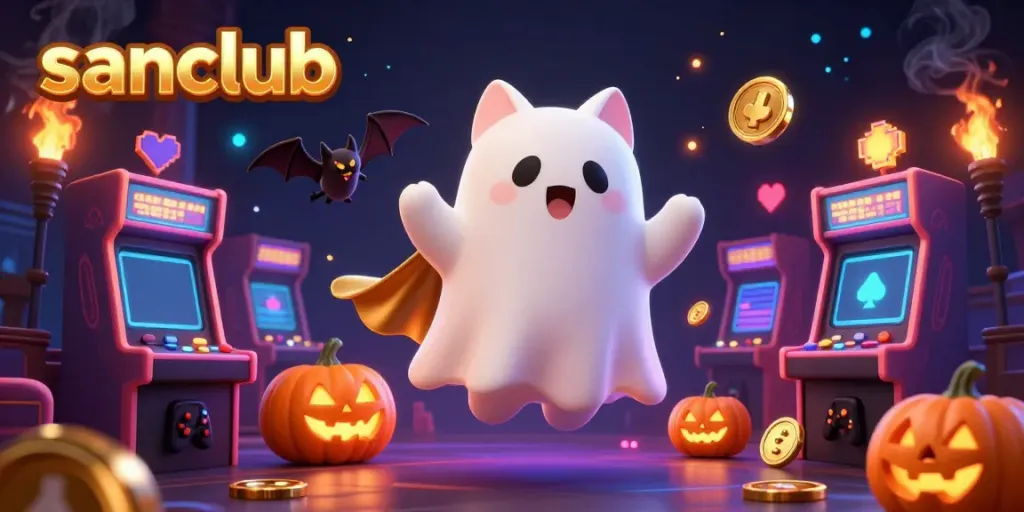 Experience thrilling gameplay at sanclub with a ghost cat in a haunted casino, glowing jack-o-lanterns, and vibrant arcade machines.