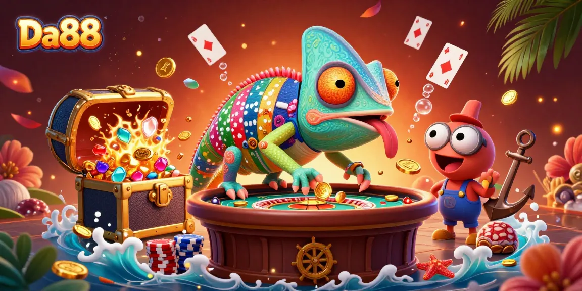Play exciting games at Da88 with a vibrant casino scene featuring a chameleon owner and gold coins.