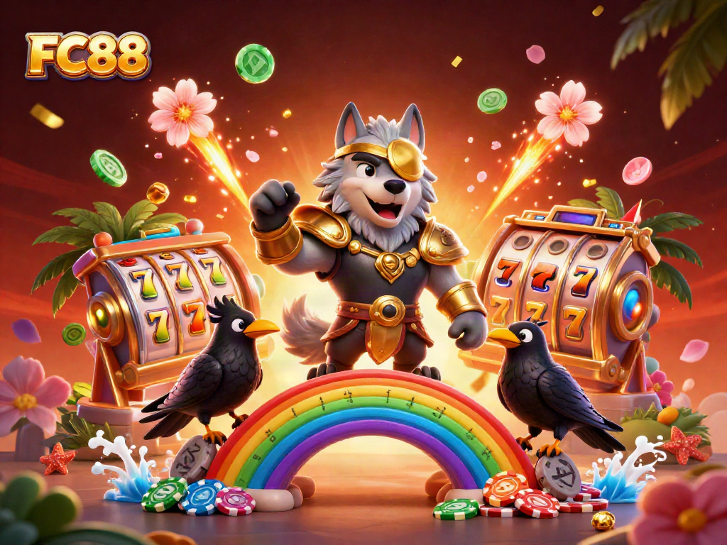 Experience thrilling gameplay at FC88 with a vibrant 3D casino scene featuring Odin and his ravens surrounded by jackpots.