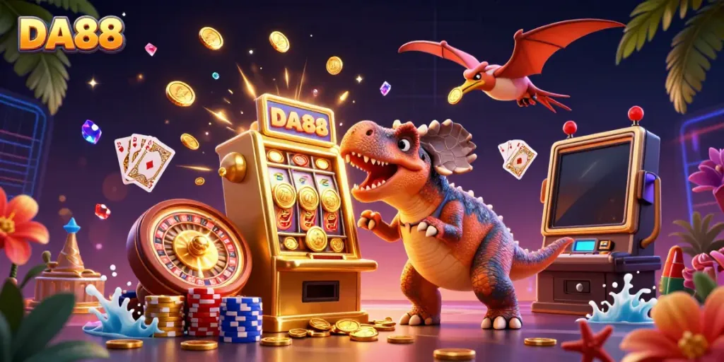 Experience DA88 thrills with a pachycephalosaurus winning jackpots in a bustling casino scene.
