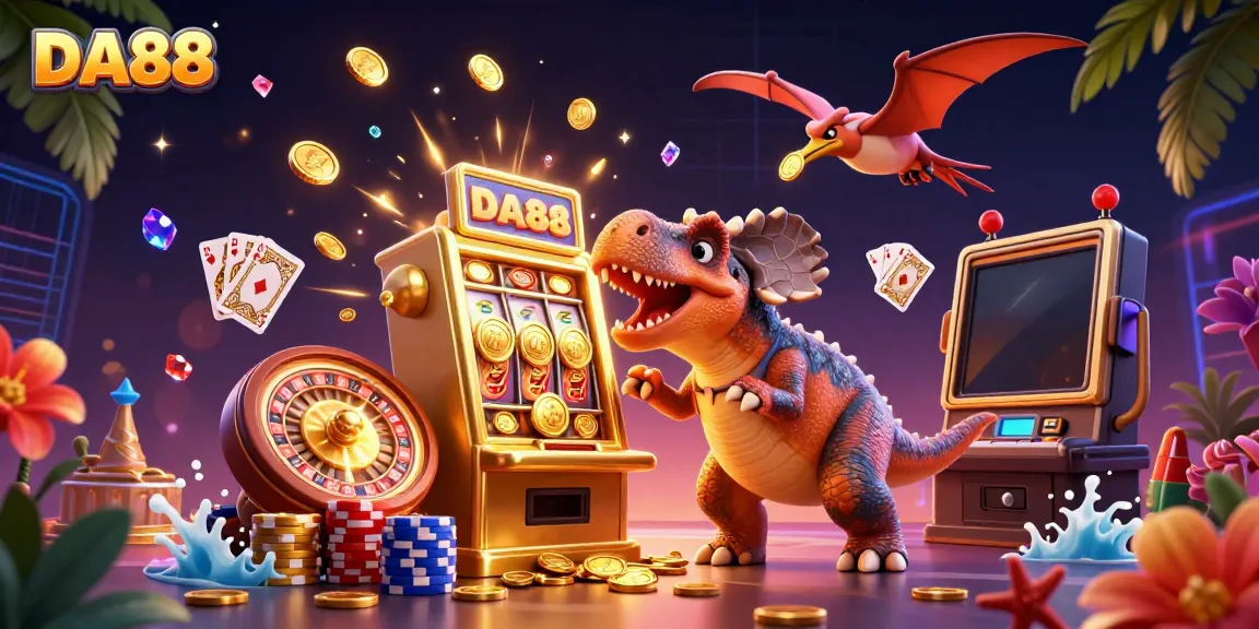 Experience DA88 thrills with a pachycephalosaurus winning jackpots in a bustling casino scene.