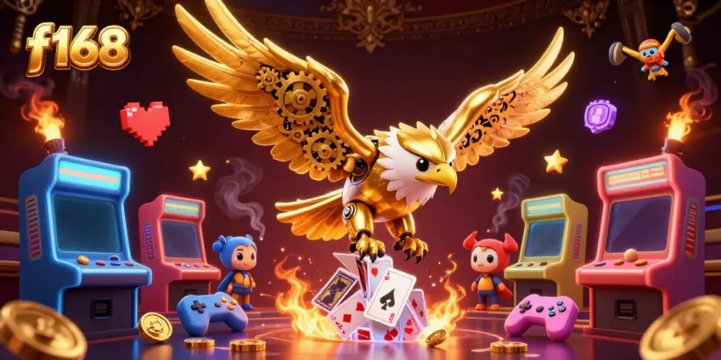 Engage in thrilling gaming action with f168, showcasing a diving cybernetic eagle among vibrant casino elements.