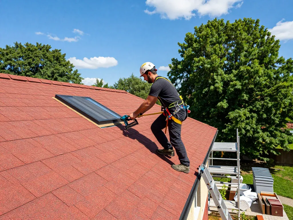 Een bekwame dakdekker van https://www.de-kraaij.com/dakdekker-enschede die hoogwaardige shingles installeert onder fel zonlicht.
